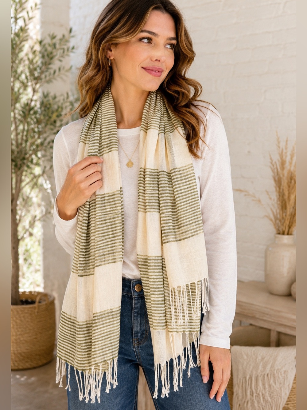 Maurices Cream Olive Stripe Lightweight Fringe Scarf Wrap Shawl Boho Coastal